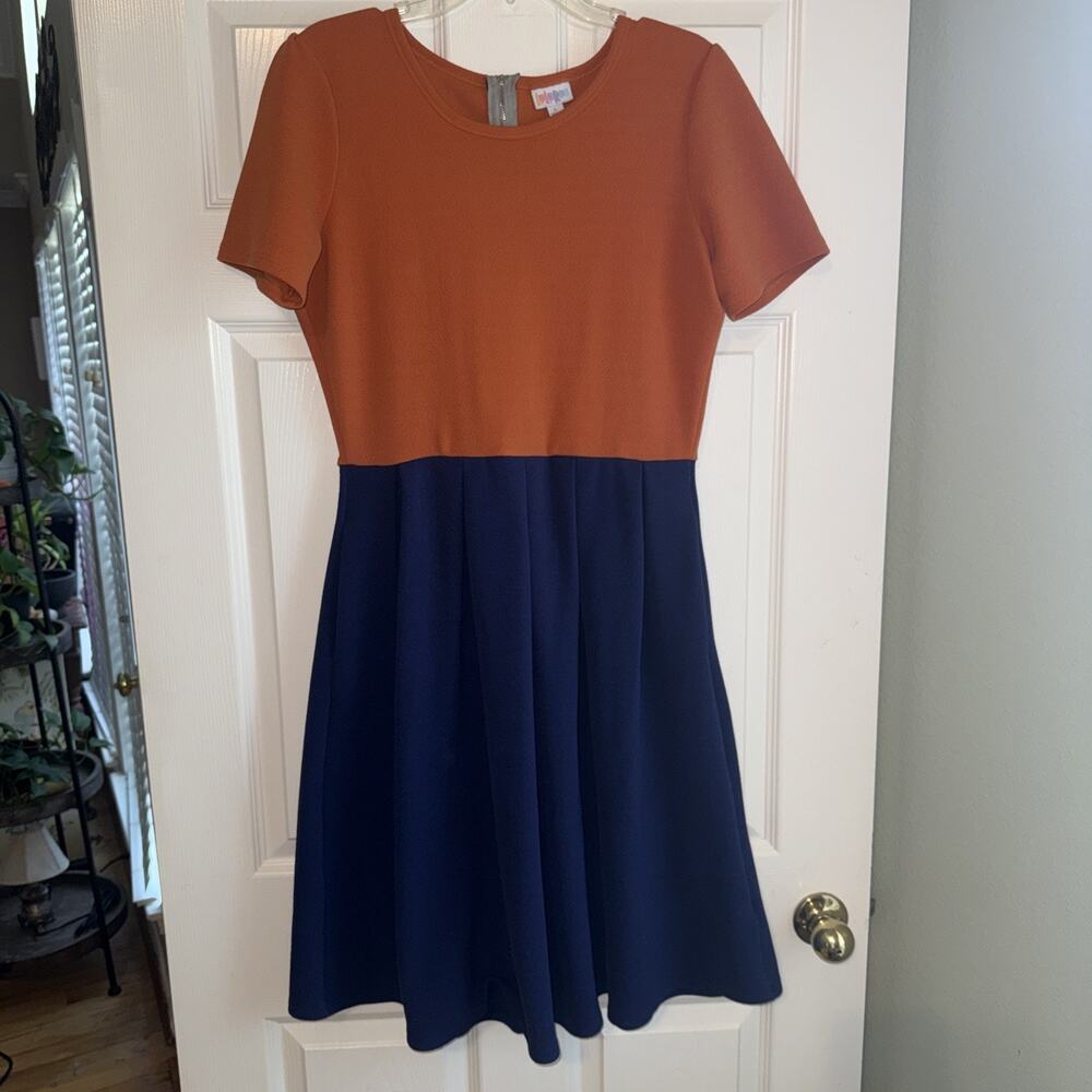LULAROE AMELIA DRESS W Pockets Pleated Size Large Solid Blue and Orange